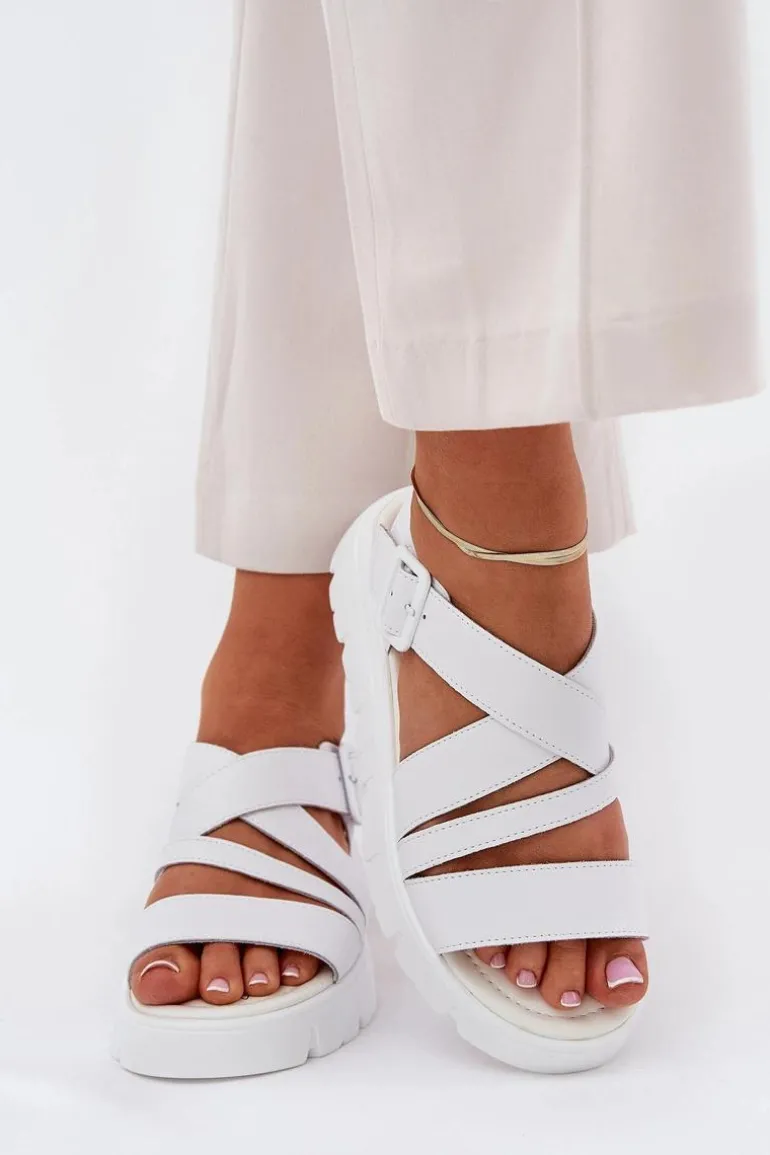 Skórzane Sandały Damskie Na Platformie Z Klamrą Białe Selianae