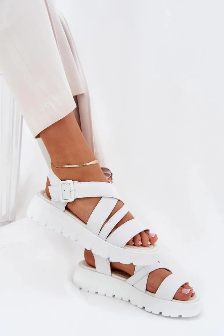 Skórzane Sandały Damskie Na Platformie Z Klamrą Białe Selianae