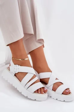 Skórzane Sandały Damskie Na Platformie Z Klamrą Białe Selianae