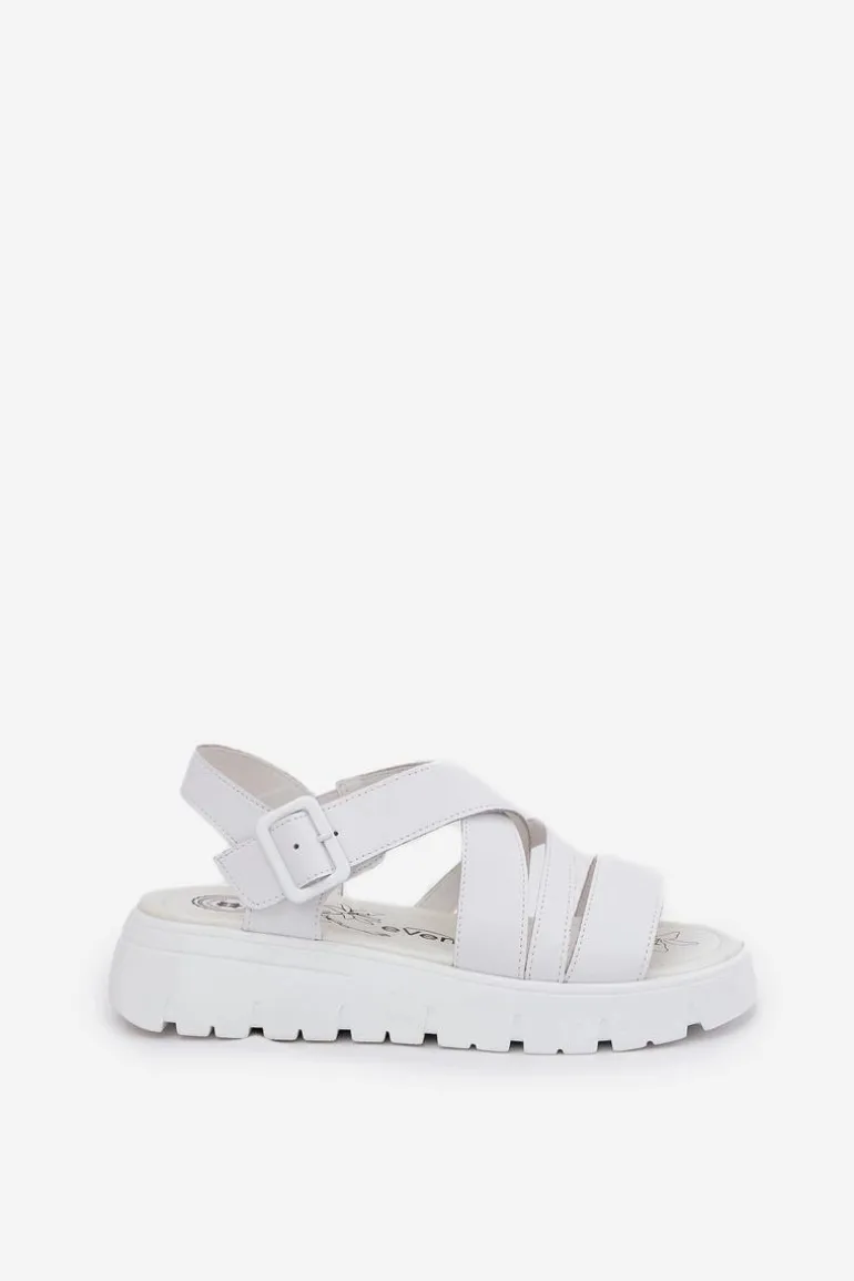 Skórzane Sandały Damskie Na Platformie Z Klamrą Białe Selianae