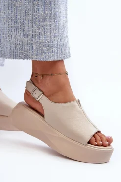 Skórzane Sandały Damskie Na Platformie D&A SJ2301-2 Beżowe