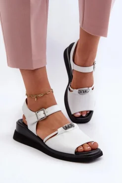 Skórzane Sandały Damskie Na Koturnie Vinceza 66624 Białe