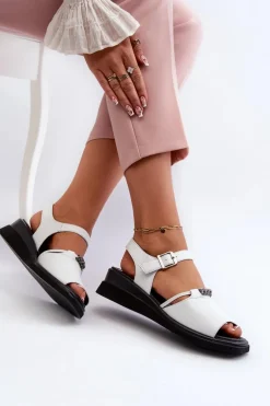 Skórzane Sandały Damskie Na Koturnie Vinceza 66624 Białe