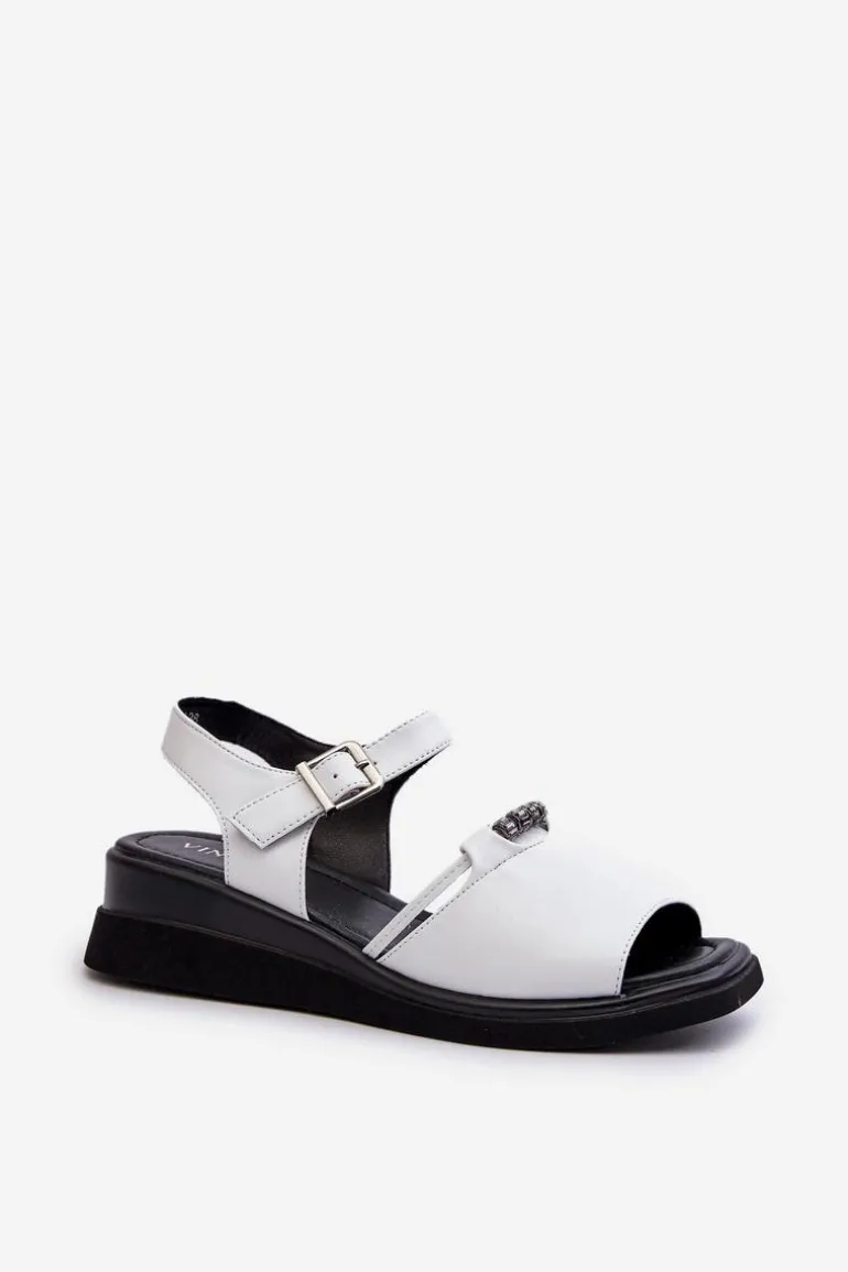 Skórzane Sandały Damskie Na Koturnie Vinceza 66624 Białe