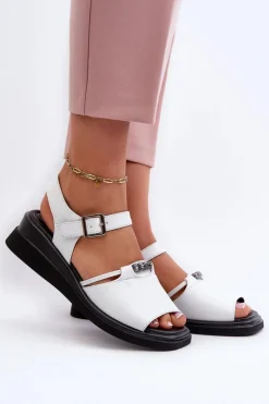 Skórzane Sandały Damskie Na Koturnie Vinceza 66624 Białe