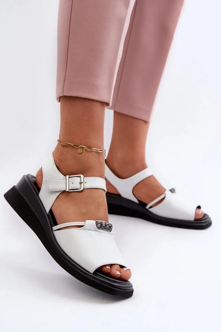 Skórzane Sandały Damskie Na Koturnie Vinceza 66624 Białe