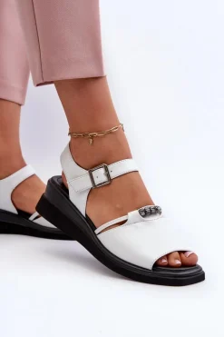 Skórzane Sandały Damskie Na Koturnie Vinceza 66624 Białe