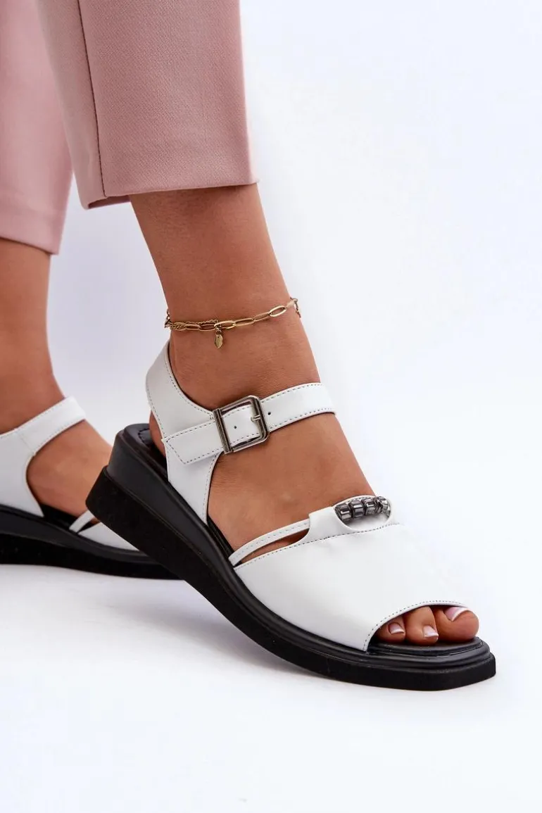 Skórzane Sandały Damskie Na Koturnie Vinceza 66624 Białe