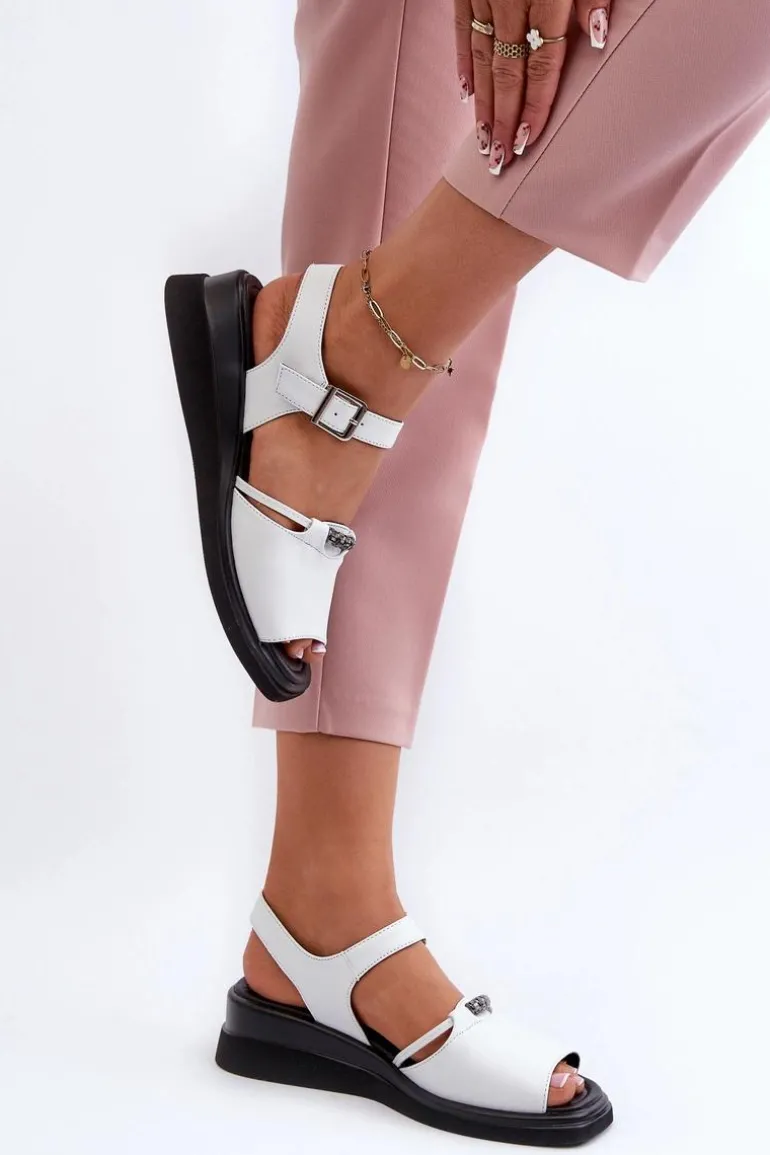 Skórzane Sandały Damskie Na Koturnie Vinceza 66624 Białe