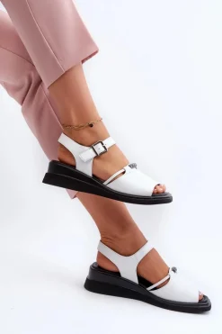 Skórzane Sandały Damskie Na Koturnie Vinceza 66624 Białe