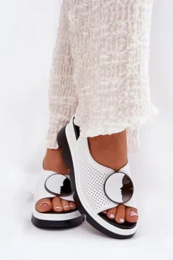 Skórzane Sandały Damskie Na Koturnie Z Ozdobą S.Barski LR51-788 Białe