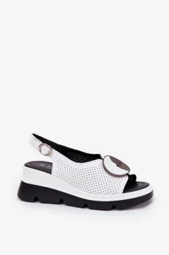 Skórzane Sandały Damskie Na Koturnie Z Ozdobą S.Barski LR51-788 Białe