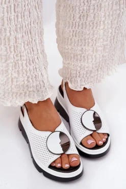 Skórzane Sandały Damskie Na Koturnie Z Ozdobą S.Barski LR51-788 Białe