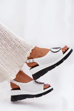 Skórzane Sandały Damskie Na Koturnie Z Ozdobą S.Barski LR51-788 Białe