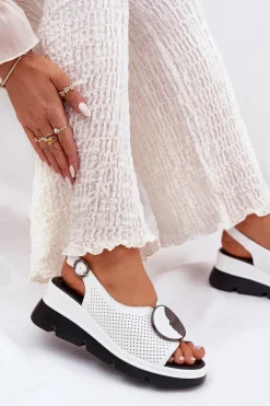 Skórzane Sandały Damskie Na Koturnie Z Ozdobą S.Barski LR51-788 Białe