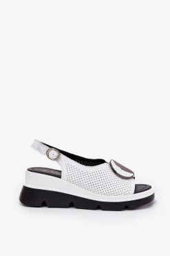 Skórzane Sandały Damskie Na Koturnie Z Ozdobą S.Barski LR51-788 Białe