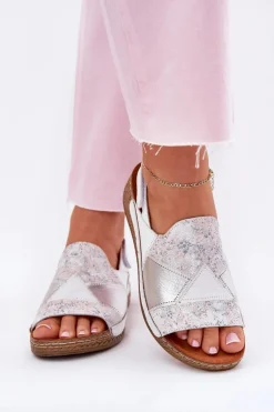 Skórzane Sandały Damskie Na Koturnie Z Plecionką Maciejka L7067-11 Białe