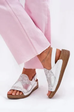 Skórzane Sandały Damskie Na Koturnie Z Plecionką Maciejka L7067-11 Białe