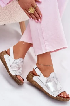 Skórzane Sandały Damskie Na Koturnie Z Plecionką Maciejka L7067-11 Białe