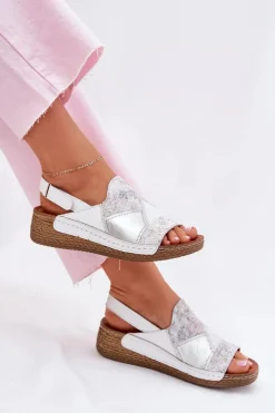 Skórzane Sandały Damskie Na Koturnie Z Plecionką Maciejka L7067-11 Białe