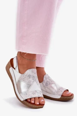 Skórzane Sandały Damskie Na Koturnie Z Plecionką Maciejka L7067-11 Białe