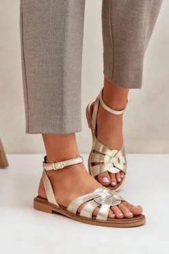 Skórzane Sandały Damskie Na Płaskim Obcasie Zazoo 3688 Złote