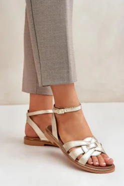 Skórzane Sandały Damskie Na Płaskim Obcasie Zazoo 3688 Złote