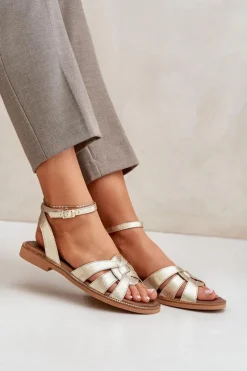 Skórzane Sandały Damskie Na Płaskim Obcasie Zazoo 3688 Złote