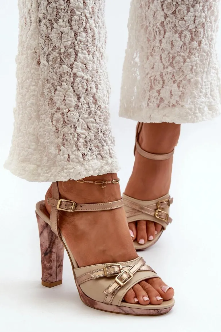 Skórzane Sandały Damskie Na Słupku Maciejka 06564-22 Beżowo-Złote