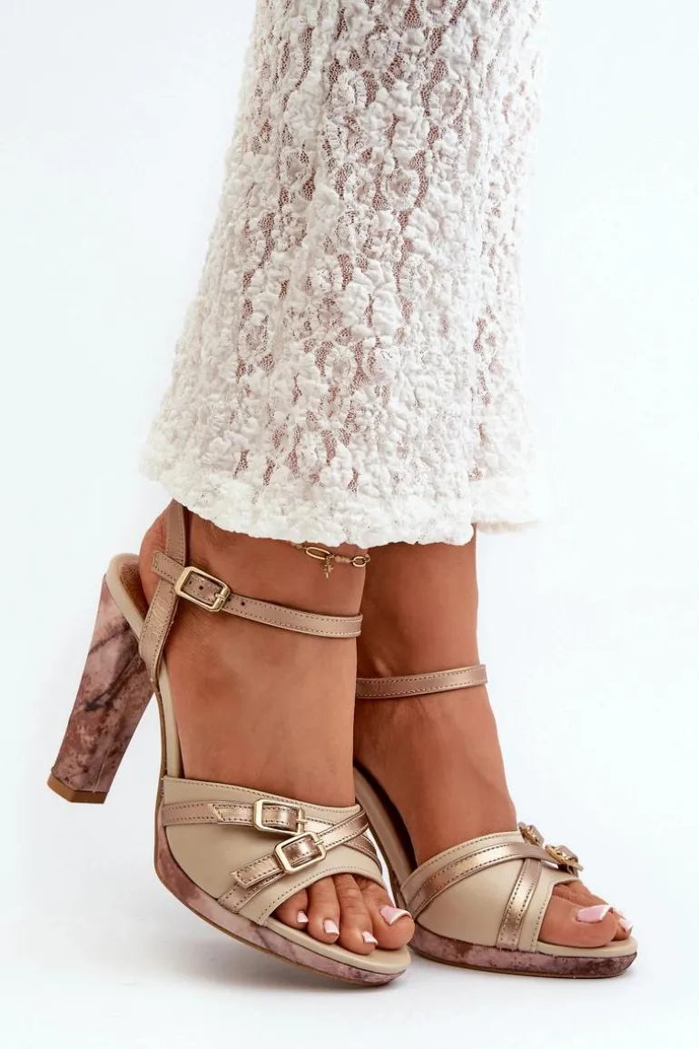 Skórzane Sandały Damskie Na Słupku Maciejka 06564-22 Beżowo-Złote