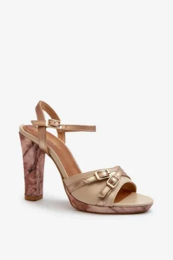 Skórzane Sandały Damskie Na Słupku Maciejka 06564-22 Beżowo-Złote