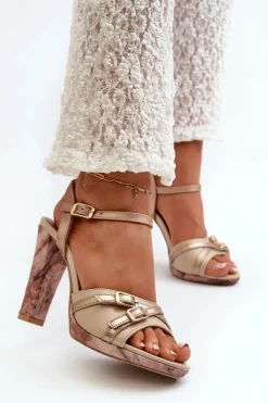 Skórzane Sandały Damskie Na Słupku Maciejka 06564-22 Beżowo-Złote