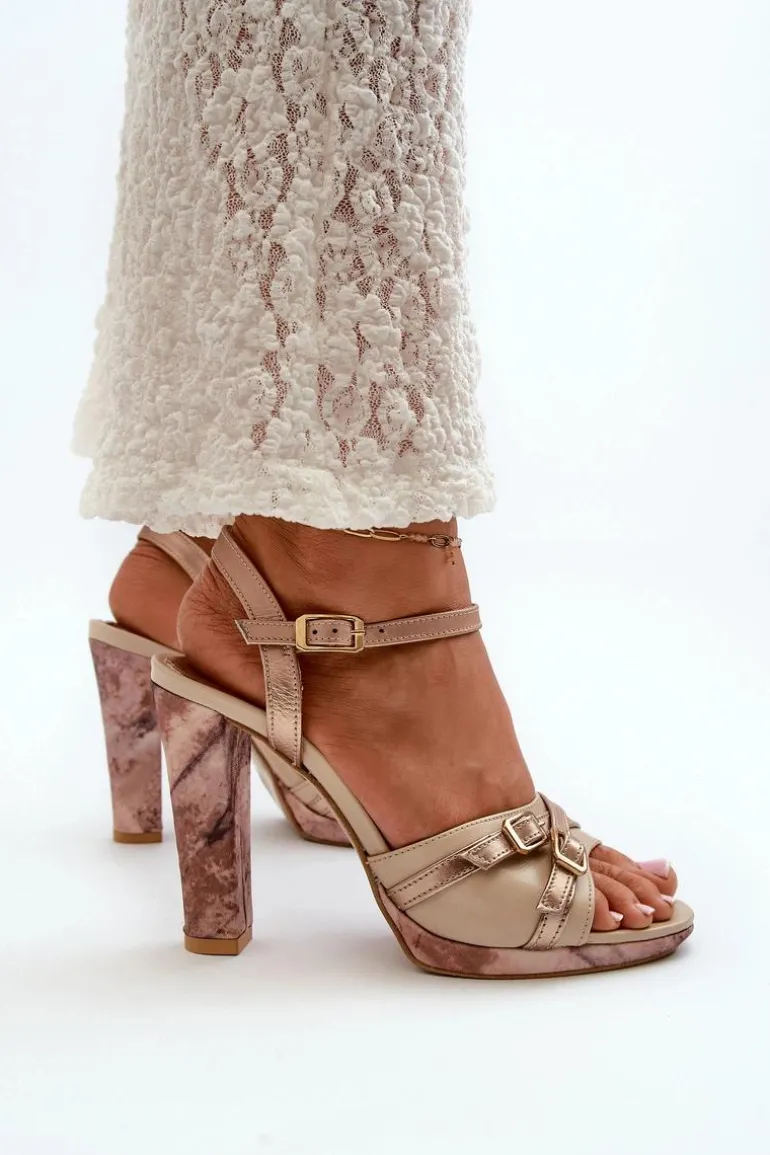 Skórzane Sandały Damskie Na Słupku Maciejka 06564-22 Beżowo-Złote