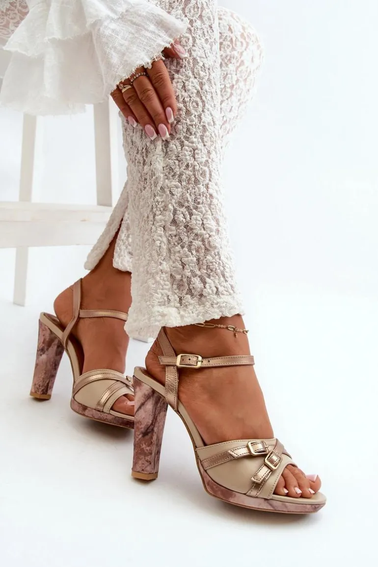 Skórzane Sandały Damskie Na Słupku Maciejka 06564-22 Beżowo-Złote