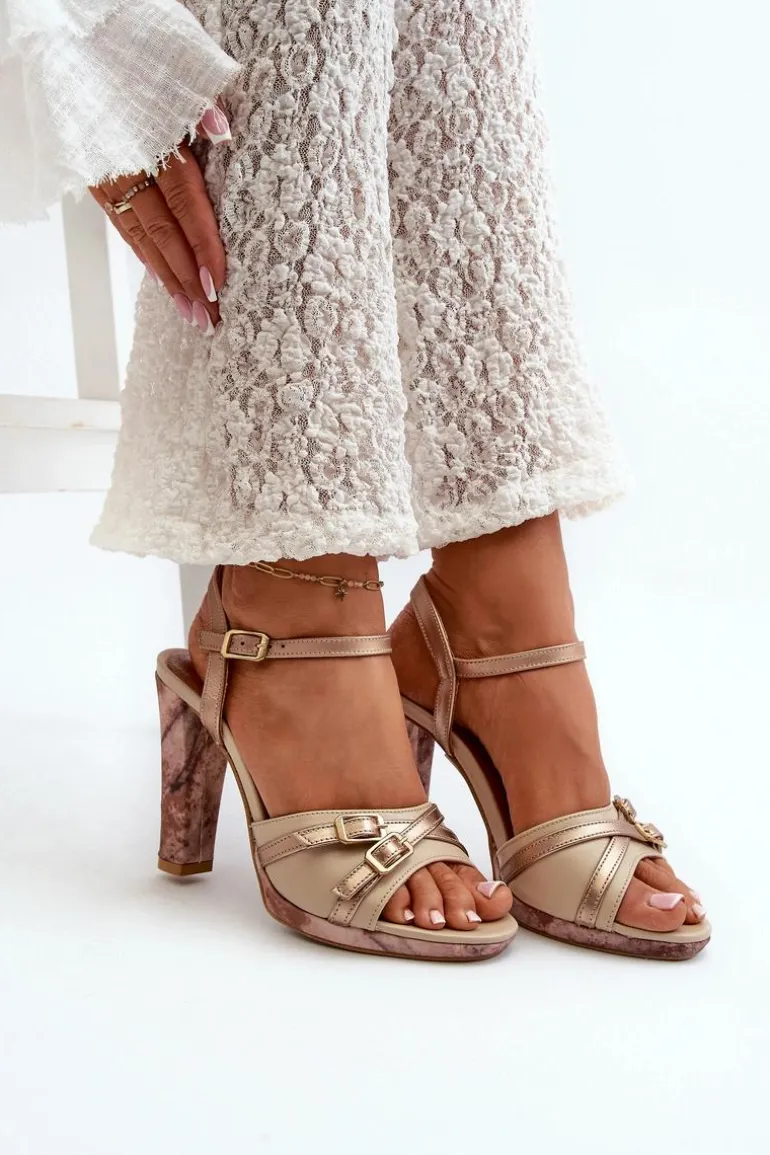 Skórzane Sandały Damskie Na Słupku Maciejka 06564-22 Beżowo-Złote