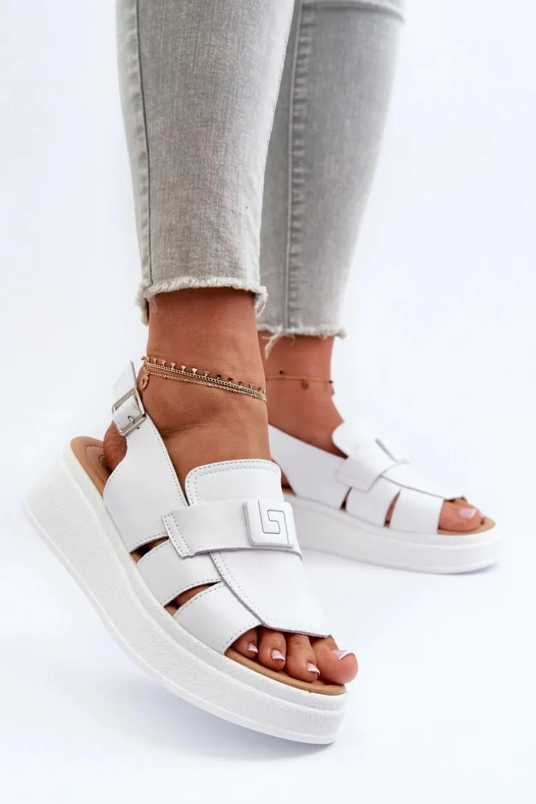 Skórzane Sandały Damskie Na Platformie I Koturnie Białe Vivitellia
