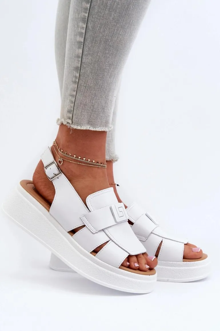 Skórzane Sandały Damskie Na Platformie I Koturnie Białe Vivitellia