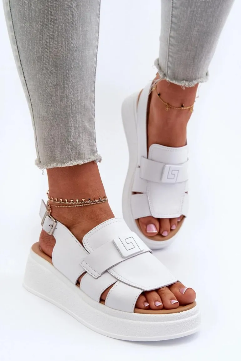 Skórzane Sandały Damskie Na Platformie I Koturnie Białe Vivitellia