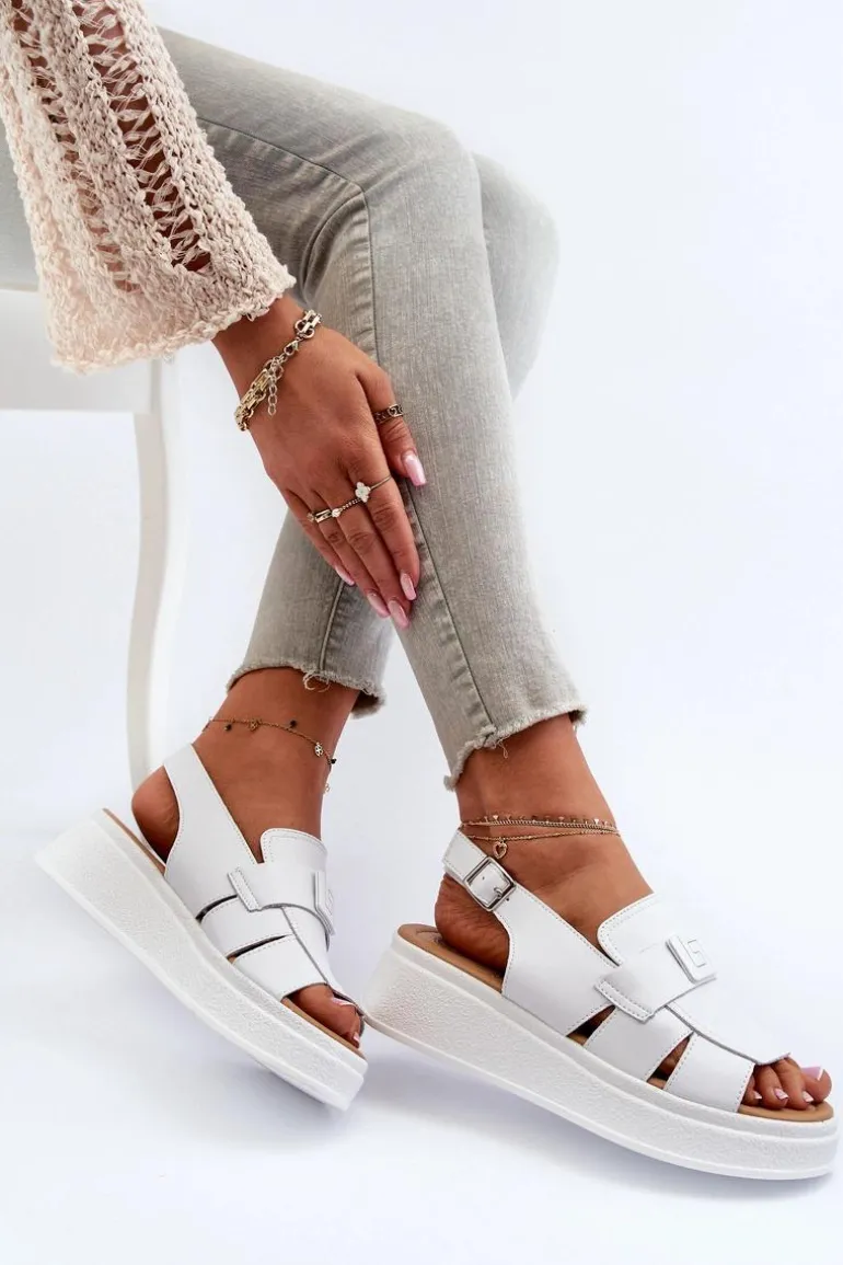 Skórzane Sandały Damskie Na Platformie I Koturnie Białe Vivitellia