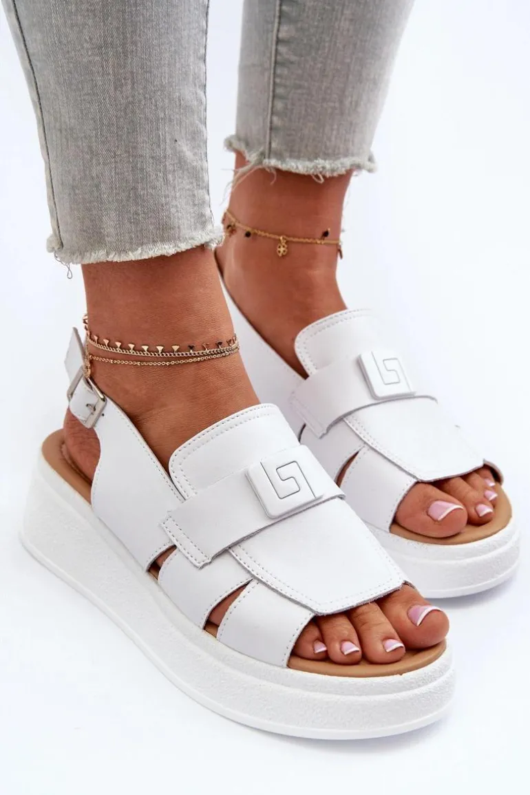 Skórzane Sandały Damskie Na Platformie I Koturnie Białe Vivitellia