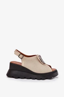 Skórzane Sandały Damskie Na Koturnie Z Ozdobą Artiker 56C0111 Beżowe