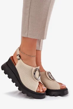Skórzane Sandały Damskie Na Koturnie Z Ozdobą Artiker 56C0111 Beżowe