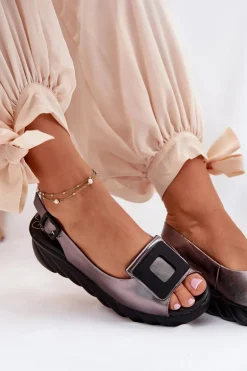 Skórzane Sandały Damskie Na Koturnie z Ozdobą Artiker 56C2158 Grafitowe