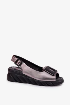 Skórzane Sandały Damskie Na Koturnie z Ozdobą Artiker 56C2158 Grafitowe