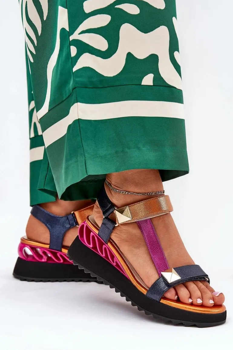 Skórzane Sandały Damskie Na Koturnie D&A CR51-135 Multikolor