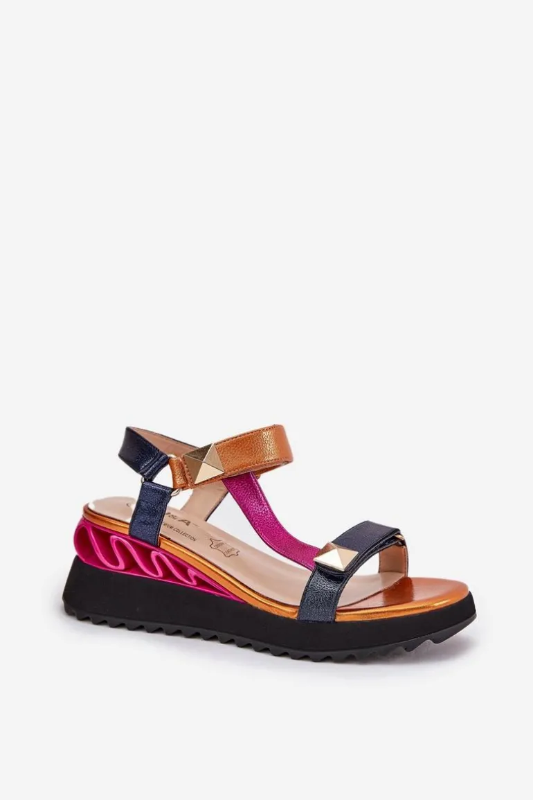 Skórzane Sandały Damskie Na Koturnie D&A CR51-135 Multikolor