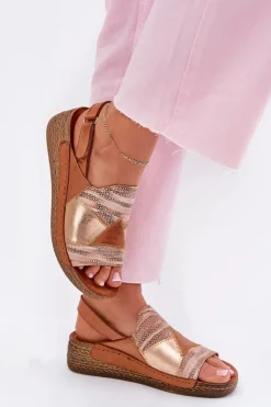 Skórzane Sandały Damskie Na Koturnie Z Plecionką Maciejka L7067-29 Brązowe