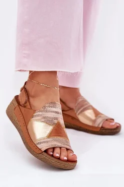 Skórzane Sandały Damskie Na Koturnie Z Plecionką Maciejka L7067-29 Brązowe