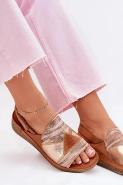 Skórzane Sandały Damskie Na Koturnie Z Plecionką Maciejka L7067-29 Brązowe