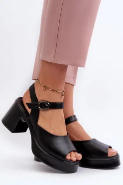 Skórzane Sandały Damskie Na Obcasie Vinceza 66627 Czarne